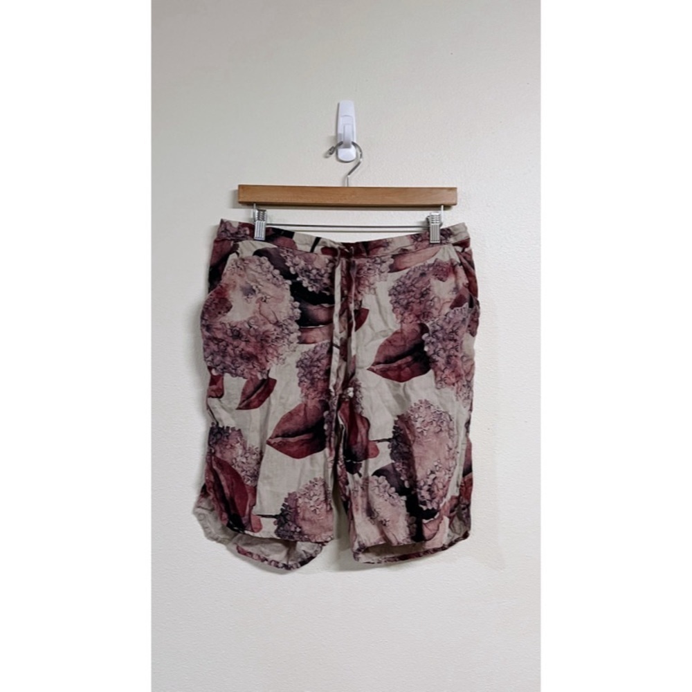 Flax Tan Floral Drawstring Waist Longline Linen Bermuda Clamdigger Shorts S